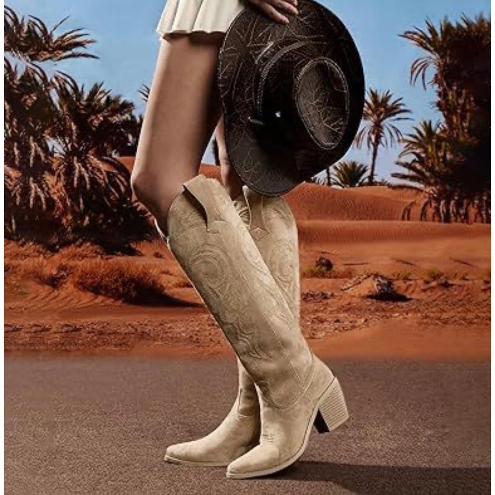 ISNOM Sz 10 Women Tan Faux Suede Western Cowboy Boots Embroidered NIB